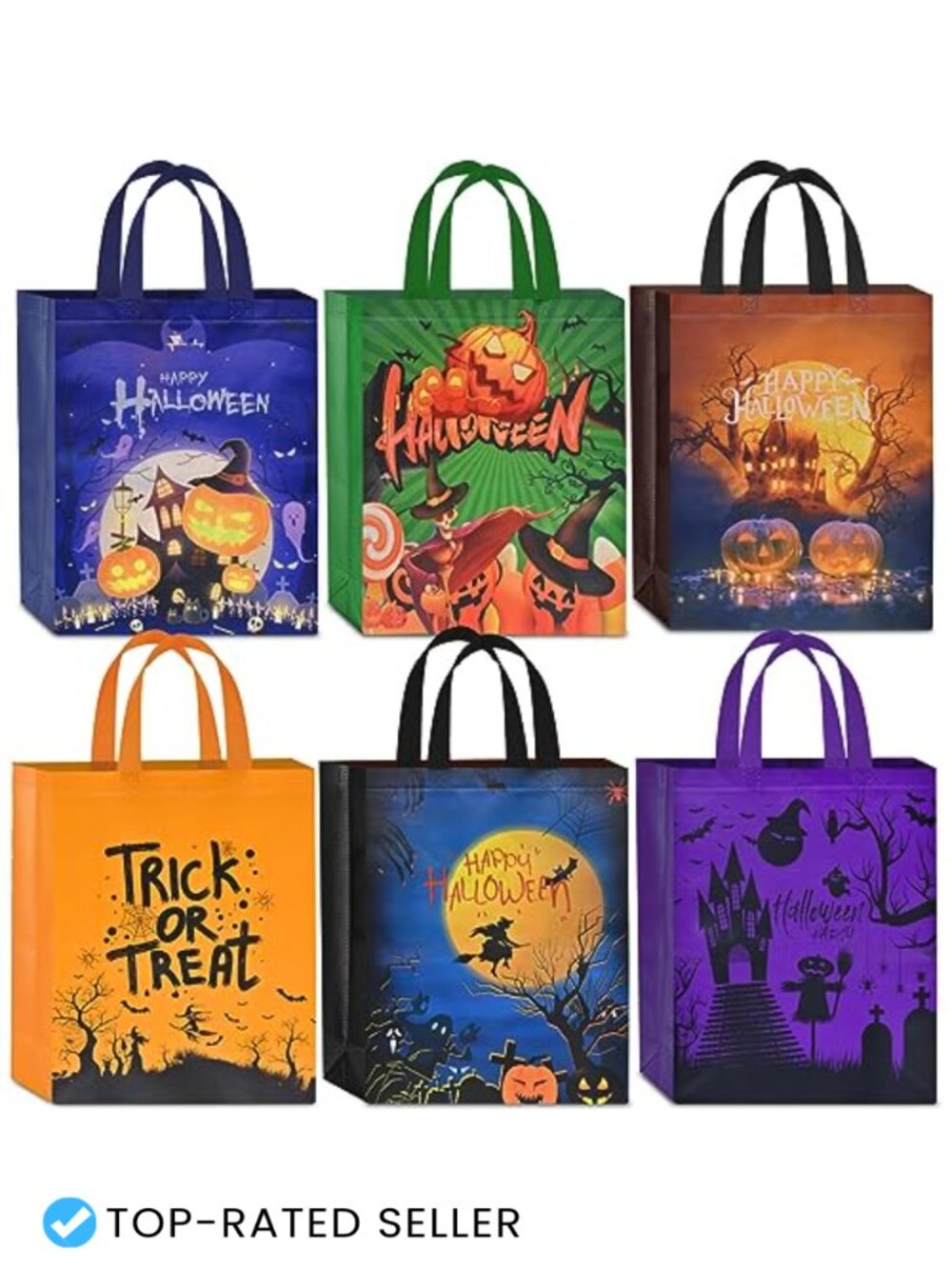 6 Halloween Trick or Treat Bags with Handles, Reusable Non-Woven Gift Bags for
